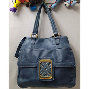 Joelle Hawkens Blue Leather Double Handles Shoulder Bag